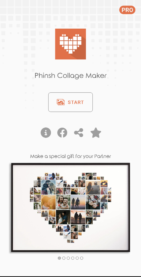 Phinsh app start screen to create a heart-shaped photo collage