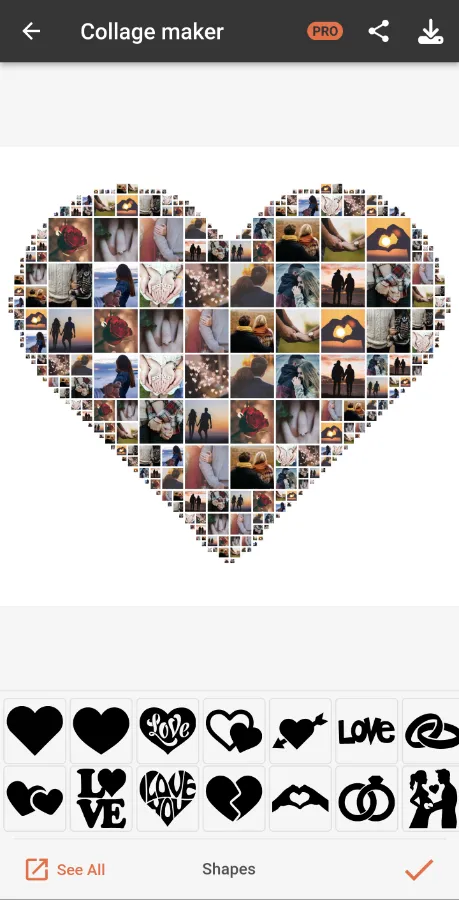Choosing a heart collage template style in Phinsh Collage Maker