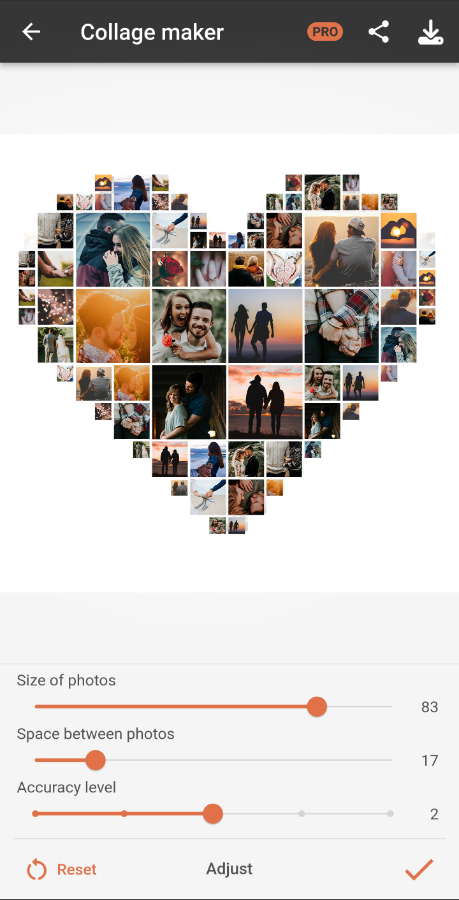 Customizing and rearranging photos in a heart-shaped collage