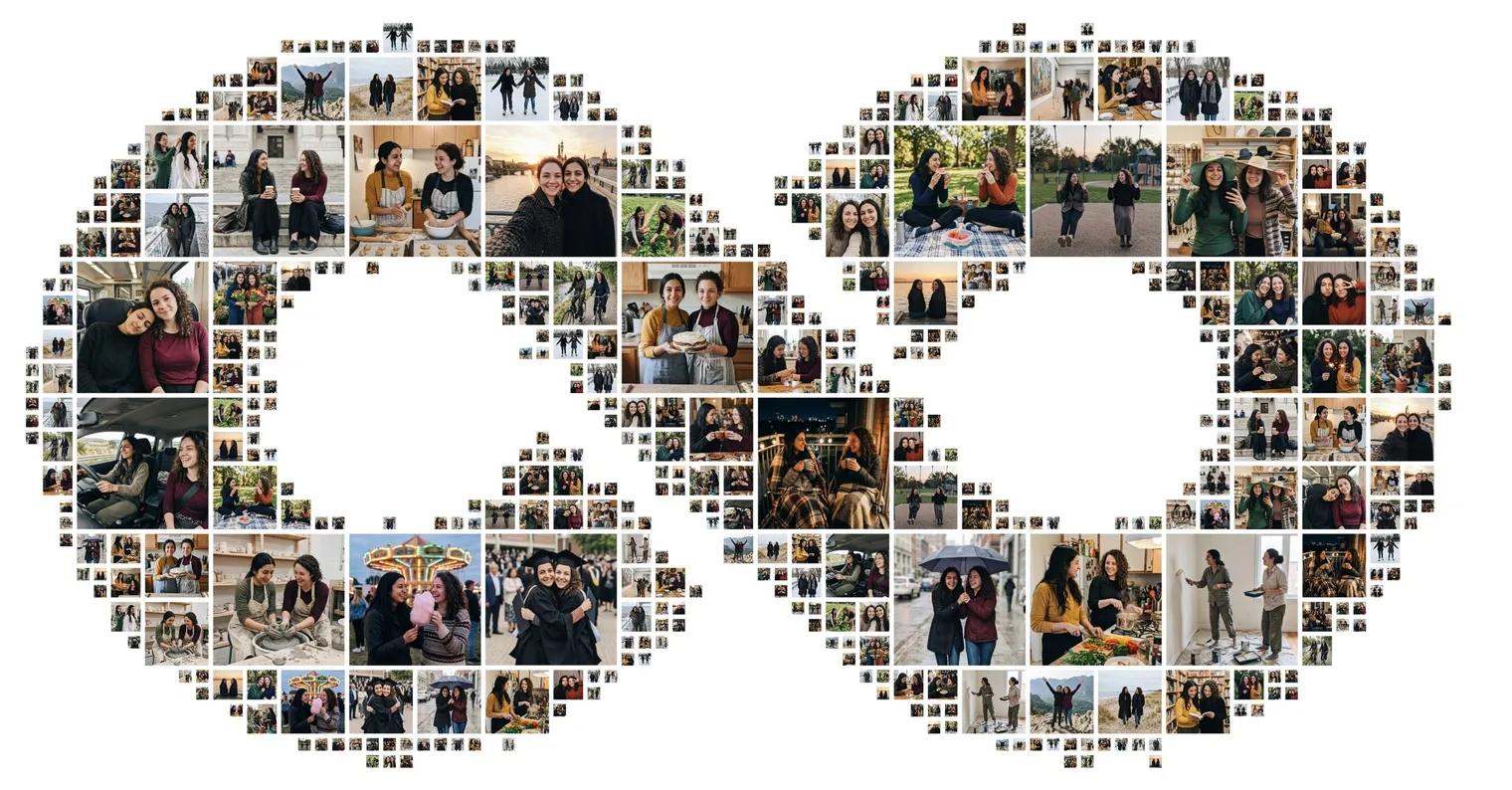 Infinity-sign-shaped photo collage made of photos of two best friends across their twenties
