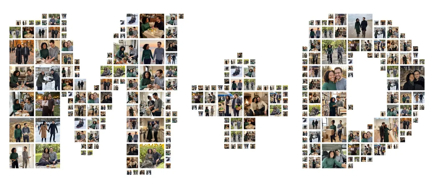 The initials M and D filled with a couple's photos for an anniversary collage