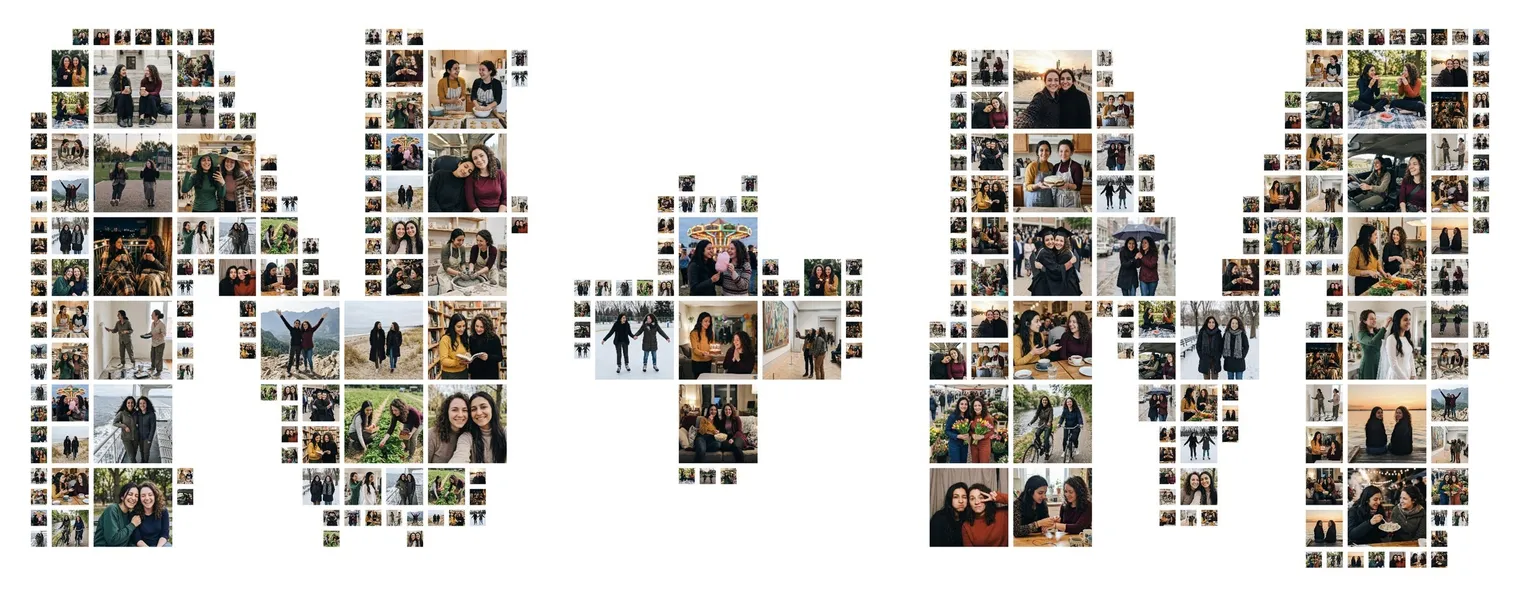 The initials N+M in rounded bold letters made of photos of two best friends