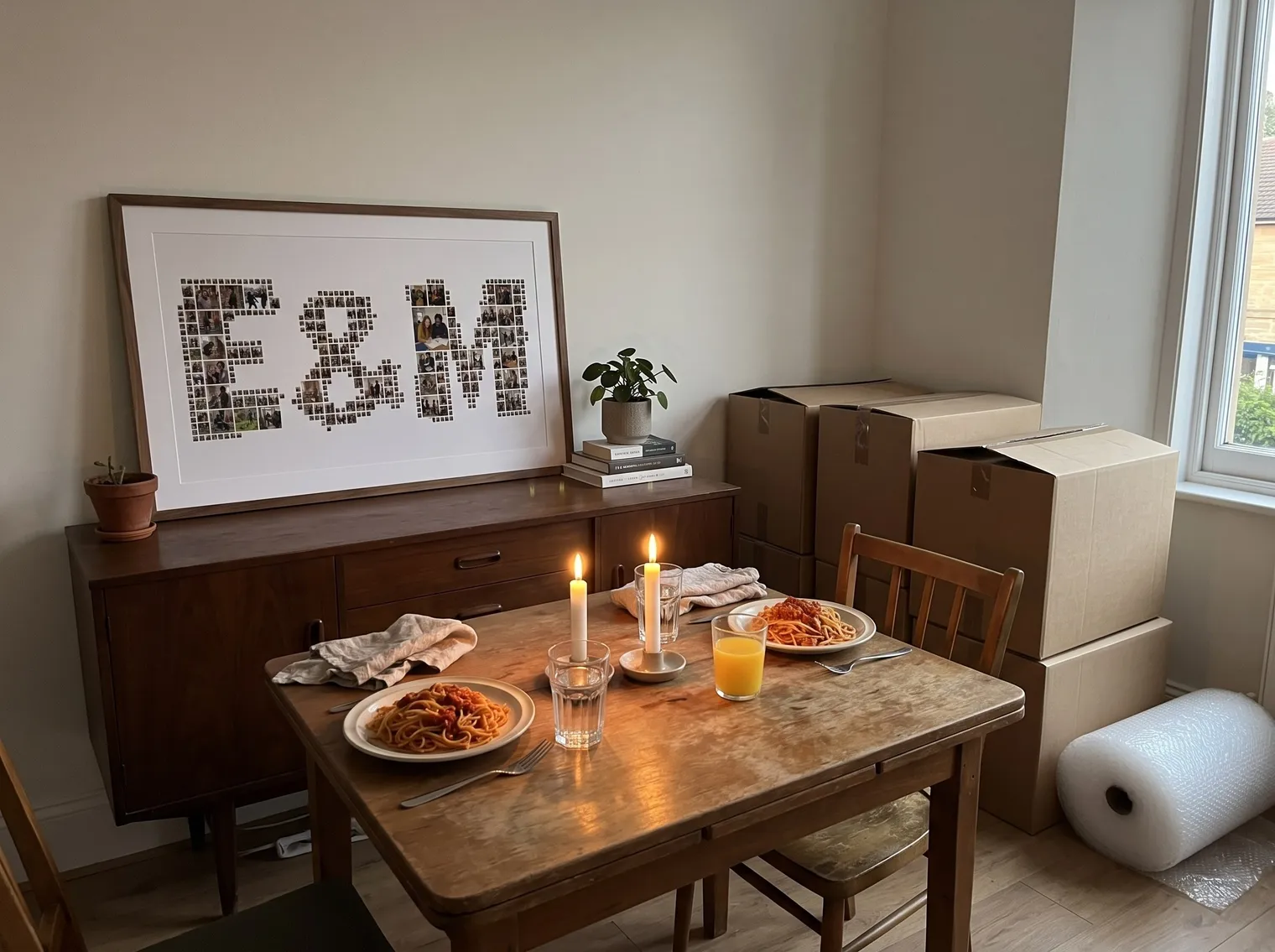 First dinner in the new home with pasta, water, juice and candles, and the E&M collage in a walnut frame on the sideboard