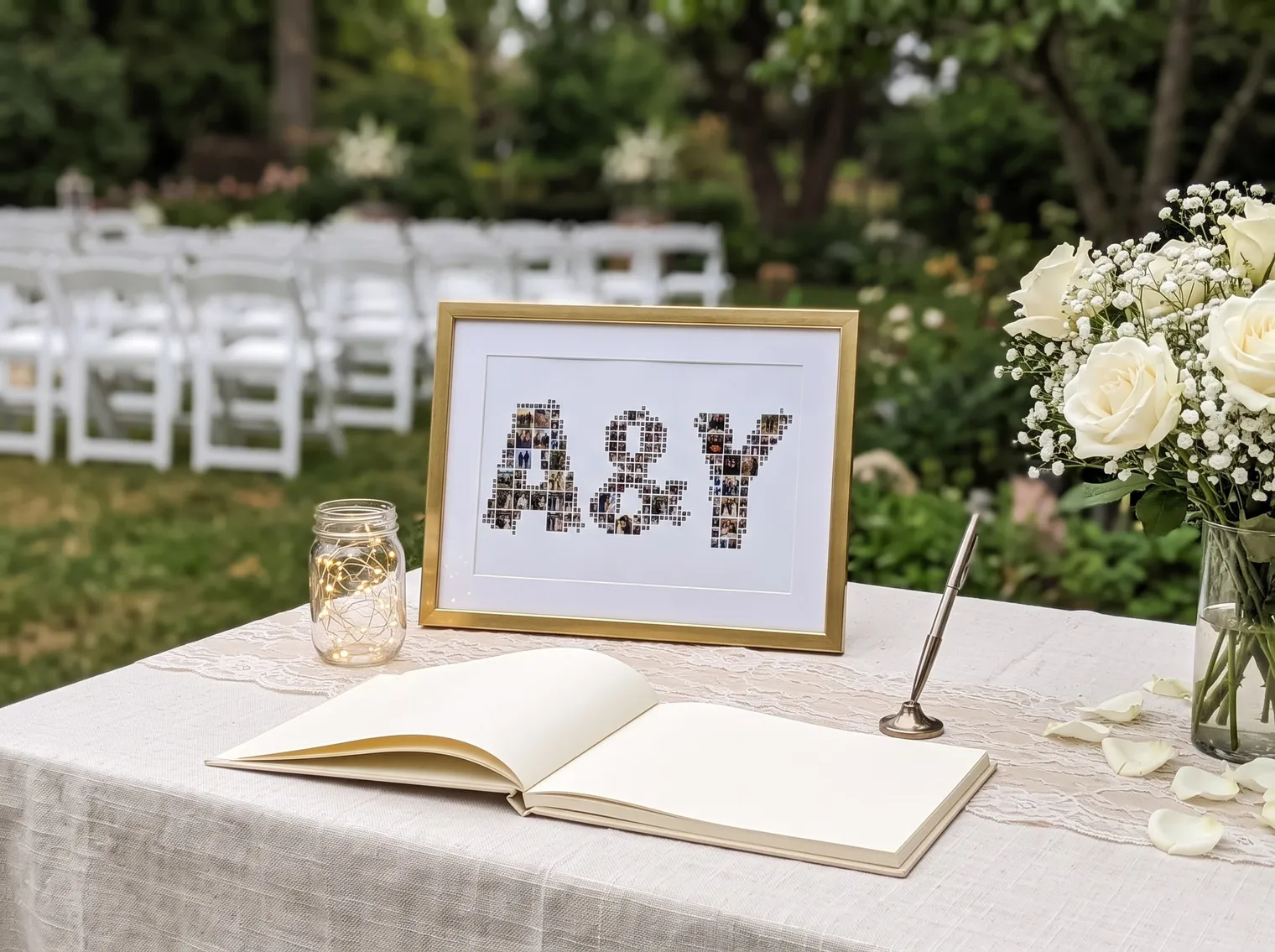 A&Y wedding initials photo collage in a small gold frame beside an open guest book, a pen, white roses and fairy lights