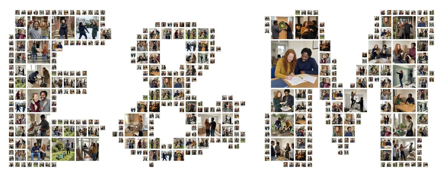 The initials E&M in bold letters filled with photos of a couple, wide format