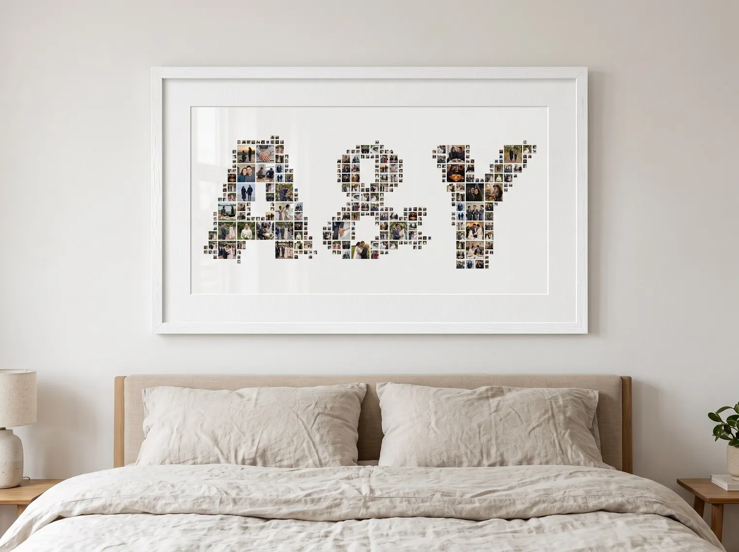 The A&Y wedding collage in a white wooden frame with a wide mat above a bed with linen bedding