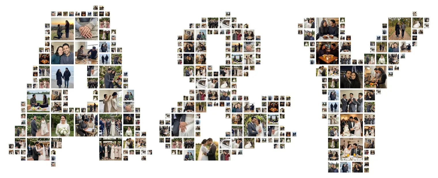 The initials A and Y with an ampersand made of photos of a couple from the engagement to the wedding day