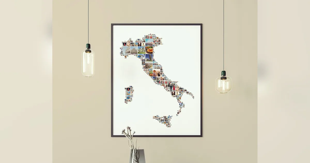 A framed photo collage print of the map of Italy, made from many small pictures, hanging as wall art in a stylish room.