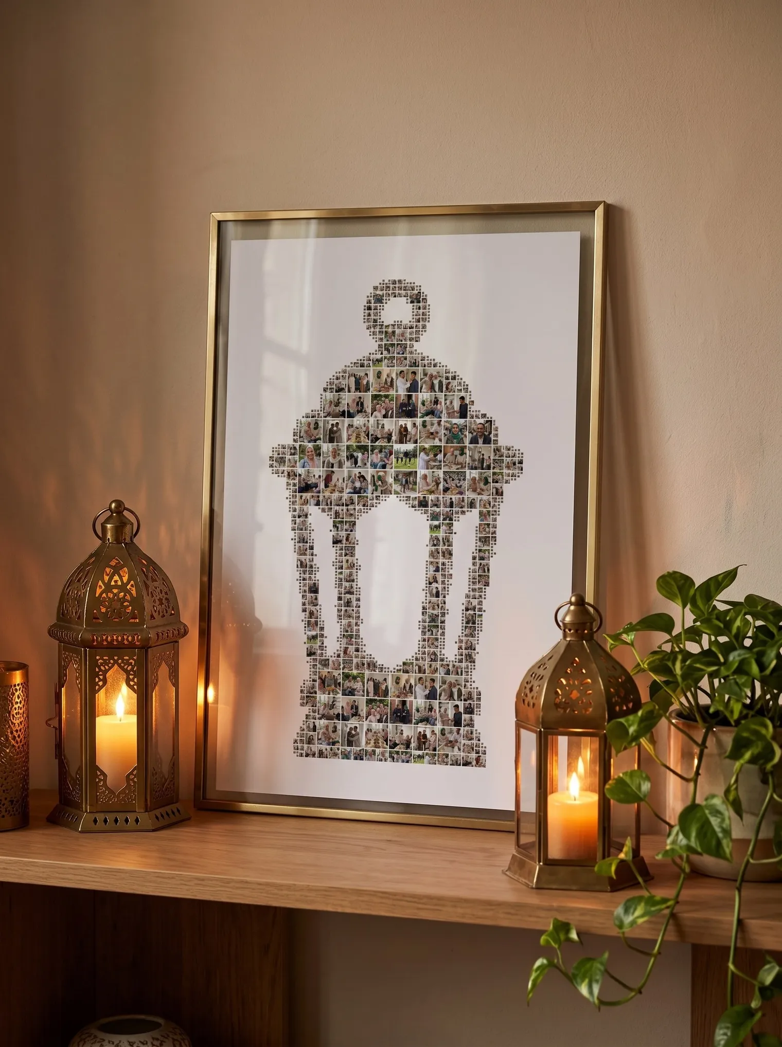 The lantern collage in a tall brass frame on a shelf between two brass lanterns with candles