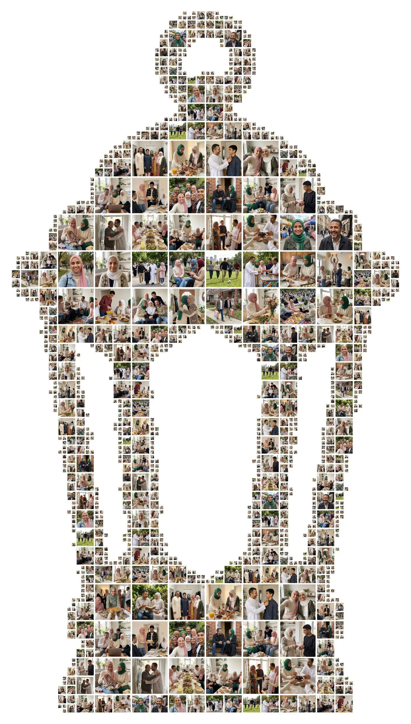 A lantern-shaped photo collage made of example photos, a lantern photo collage for Eid, tall format