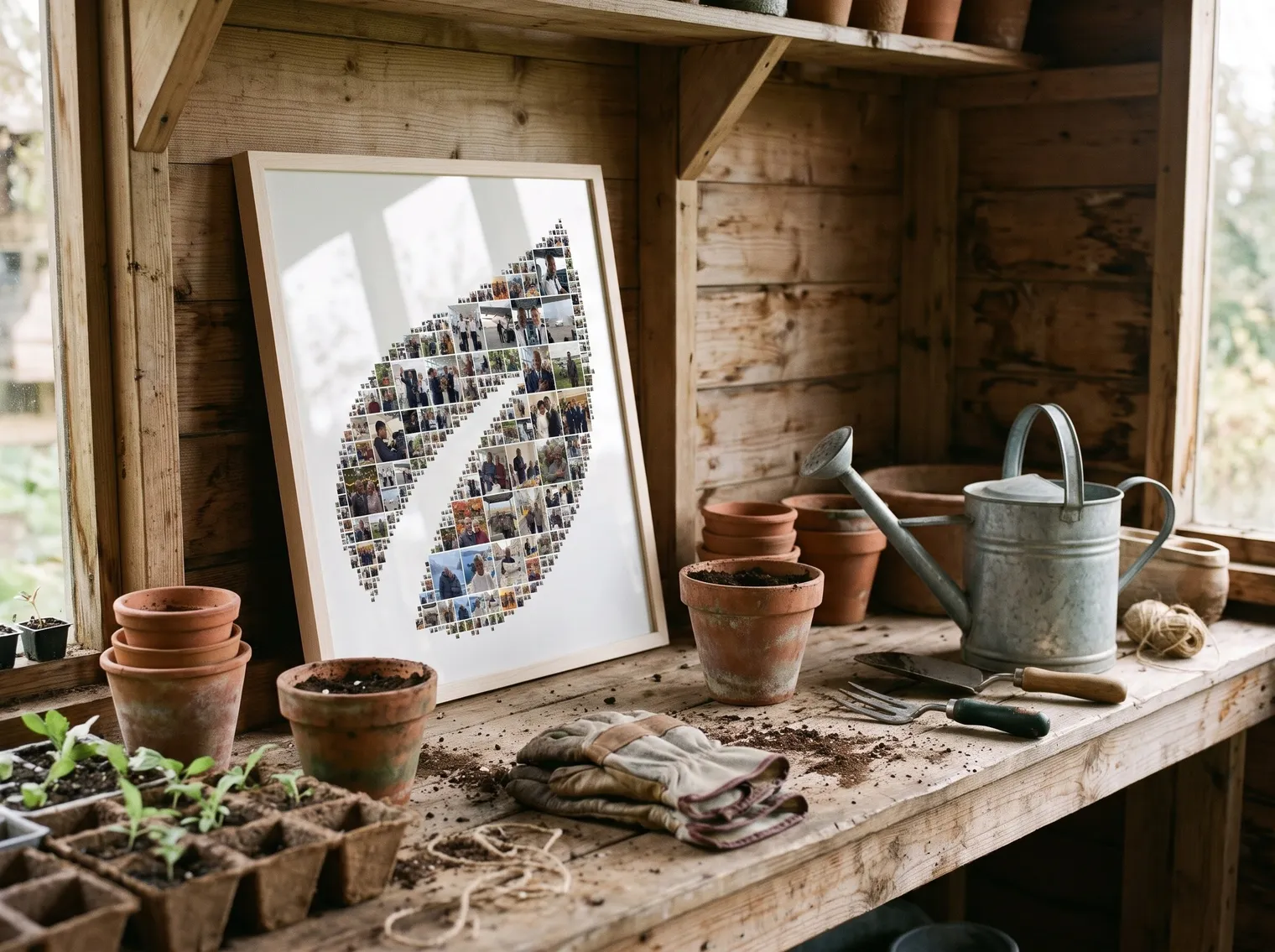 The leaf-shaped photo collage in a birch frame on a potting bench in a garden shed