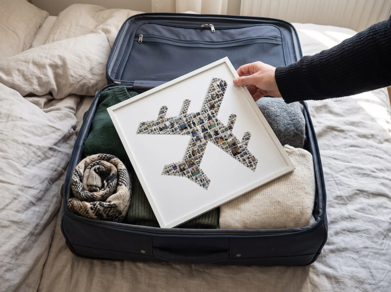 Hand placing an airplane-shaped photo collage in a white frame on folded clothes in an open suitcase as a leaving gift