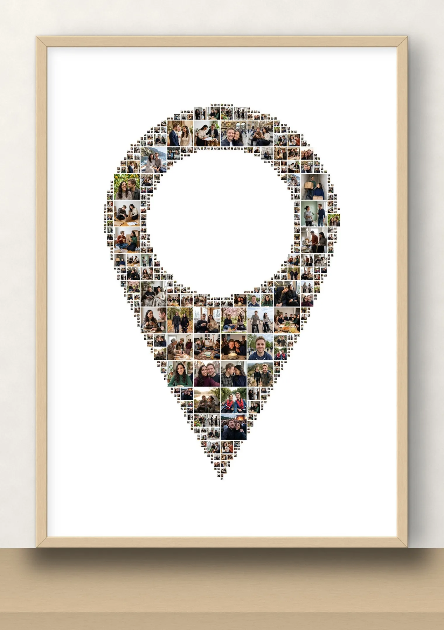 The map-pin photo collage in a birch frame on a shelf