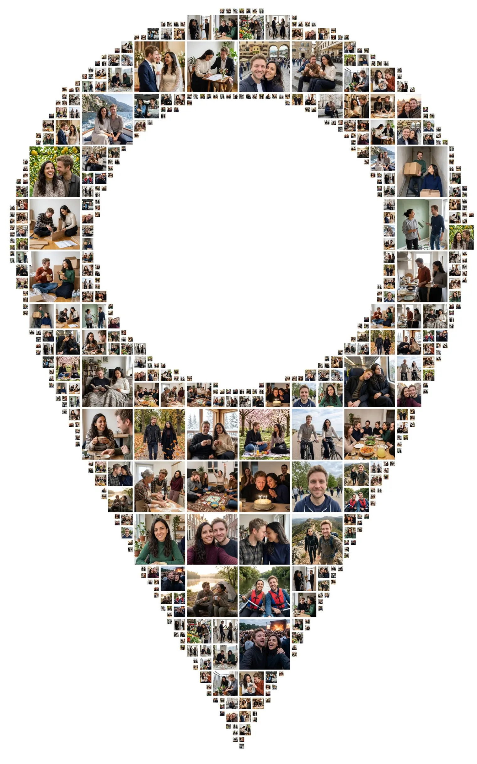 Map-pin-shaped photo collage made of about 40 photos