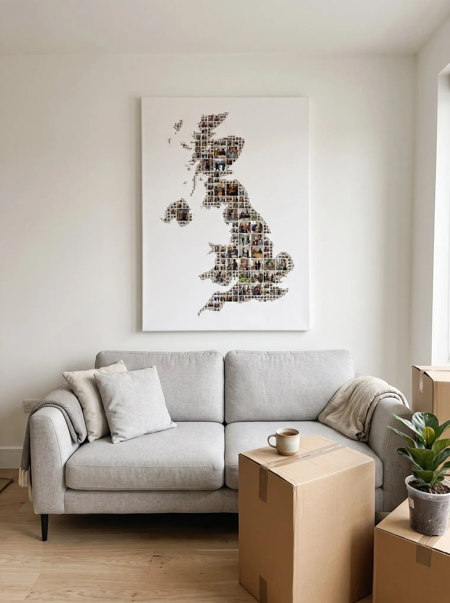 The map photo collage as a frameless canvas above a grey sofa, with a moving box used as a side table
