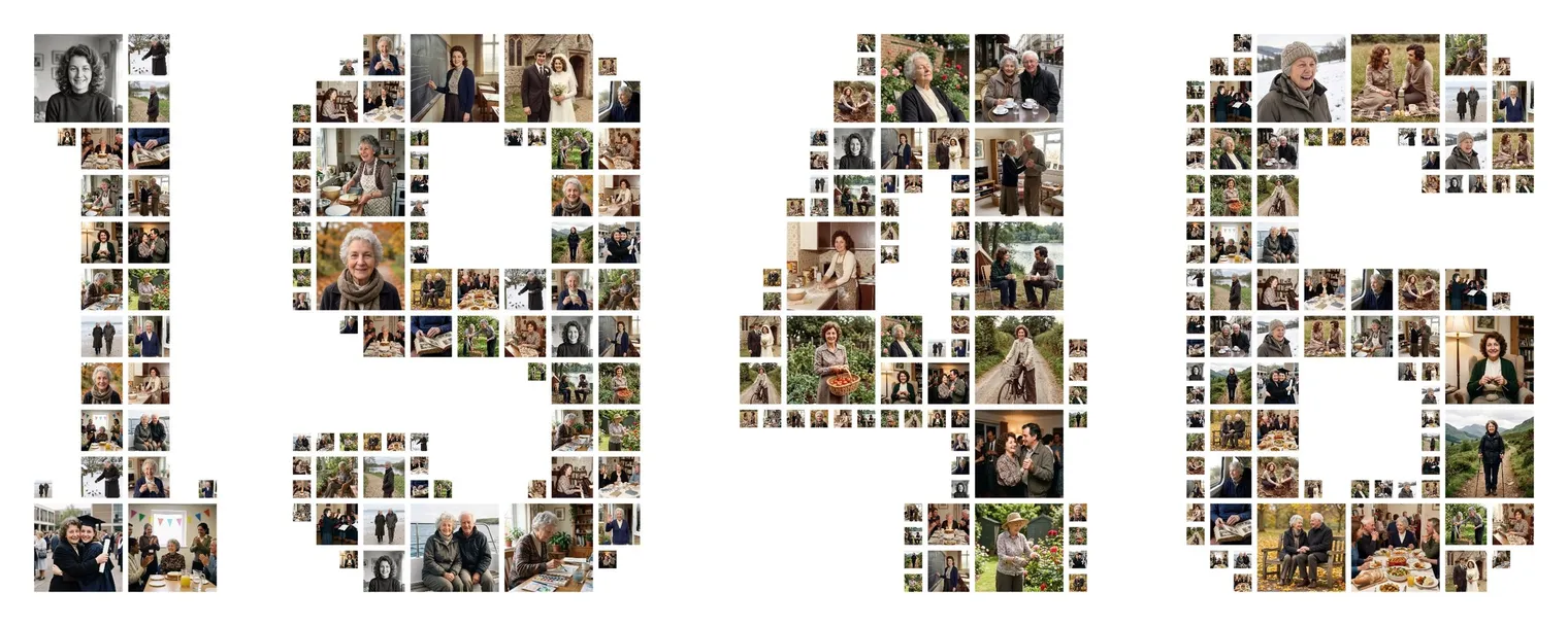 The year 1946 in bold varsity-style digits made of photos from one woman’s life