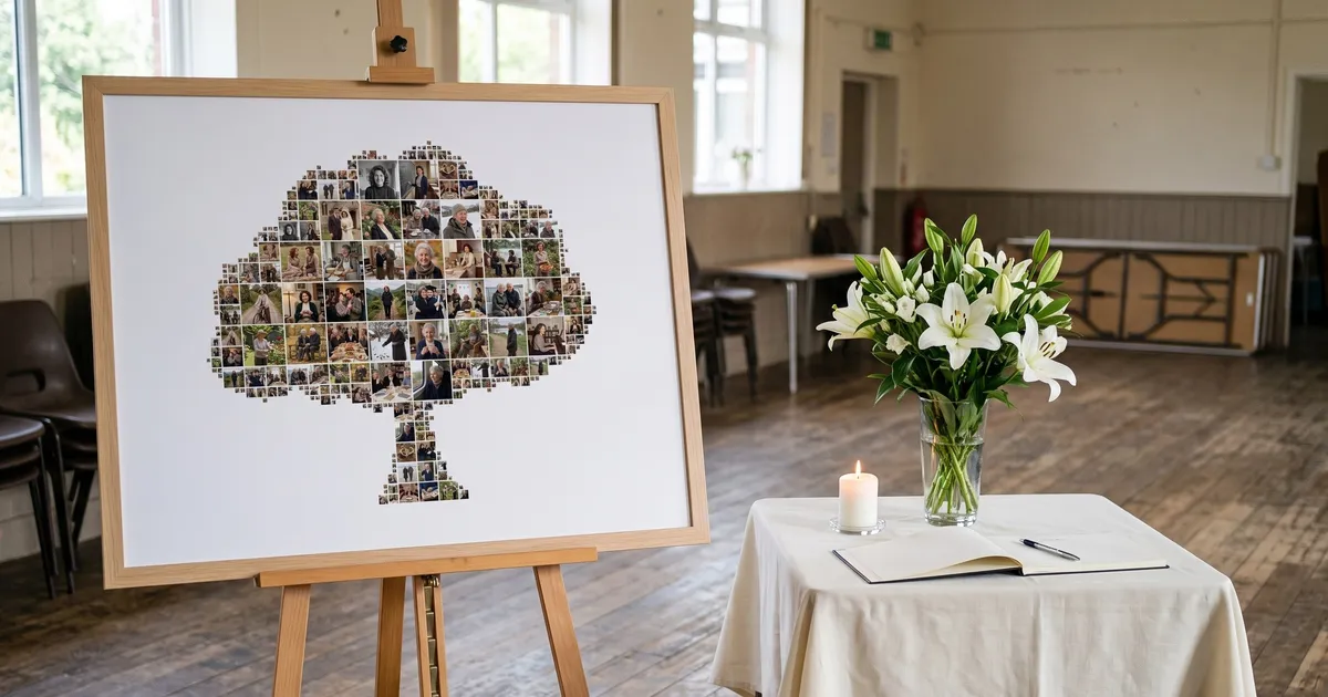 A tree-shaped photo collage in a simple light-wood frame on an easel in a bright quiet hall, beside a table with white lilies, a lit white candle and a blank guest book