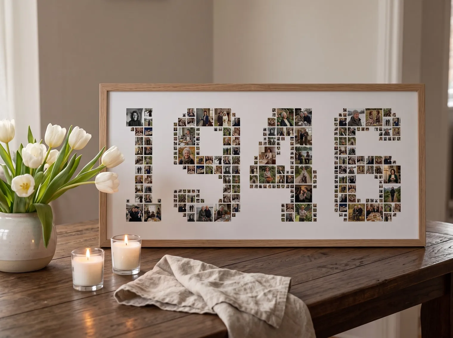 Memorial table with a 1946 birth-year photo collage in a long wooden frame, white tulips and two lit candles in soft light