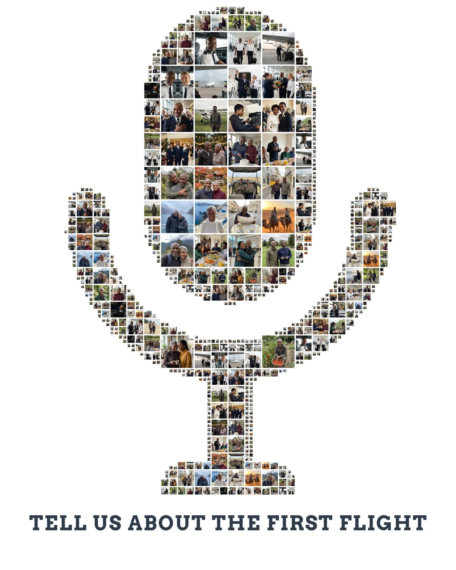 Microphone-shaped photo collage made of about 40 photos, with the text line TELL US ABOUT THE FIRST FLIGHT below it