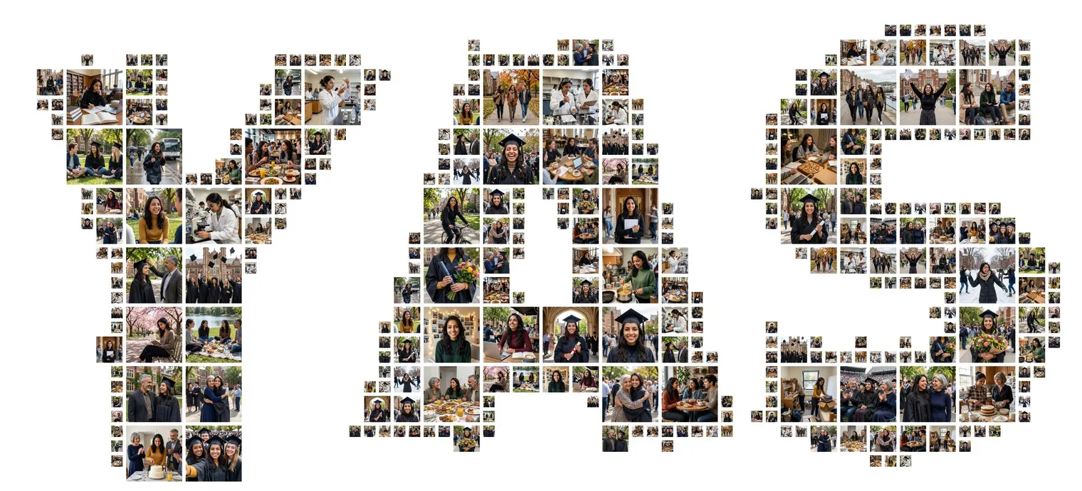 The name YAS in rounded bold letters made of photos of a graduate with friends and family