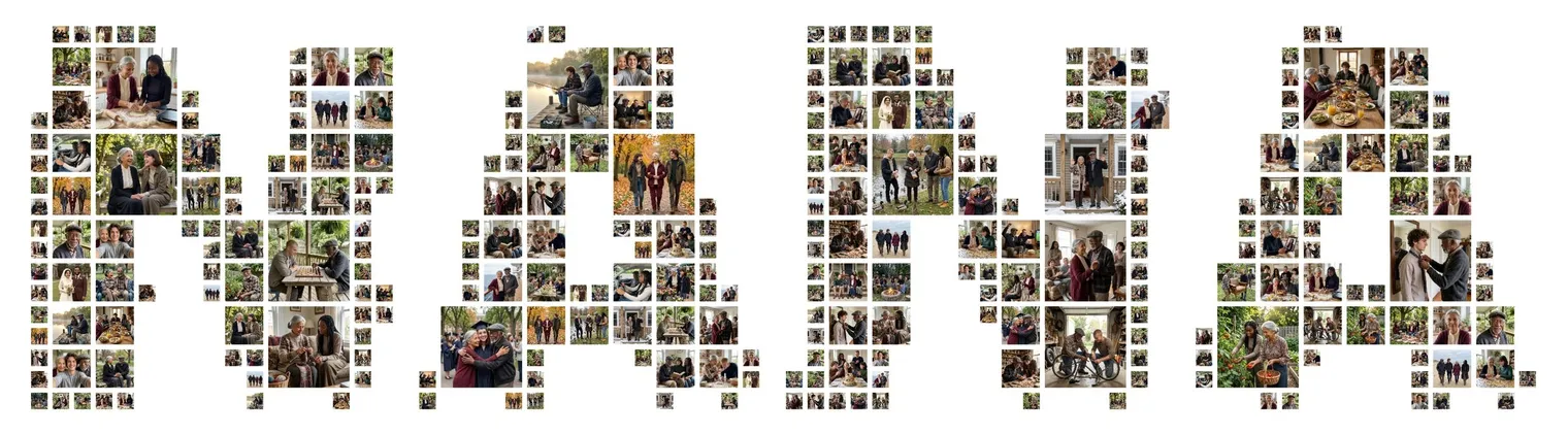 The word NANA in rounded bold letters made of family photos, a name photo collage for a grandma, wide format