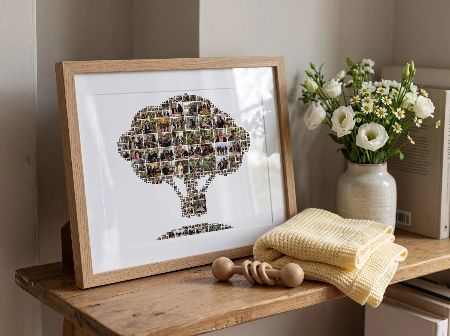 The family tree collage in an oak frame on a shelf beside a small knitted baby blanket, a wooden rattle and white flowers