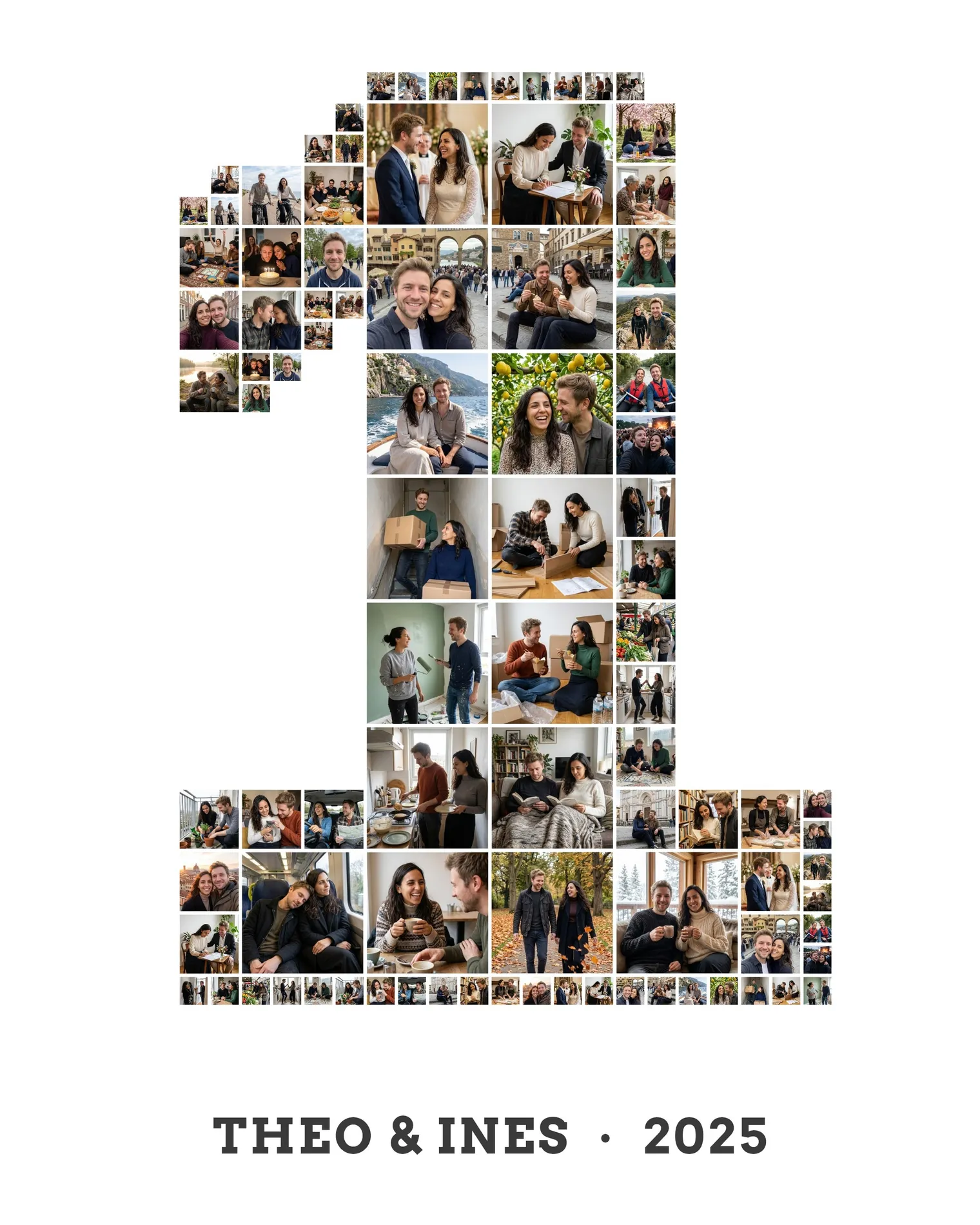 The number 1 in bold letters made of about 40 photos, with the text line THEO & INES · 2025 below it