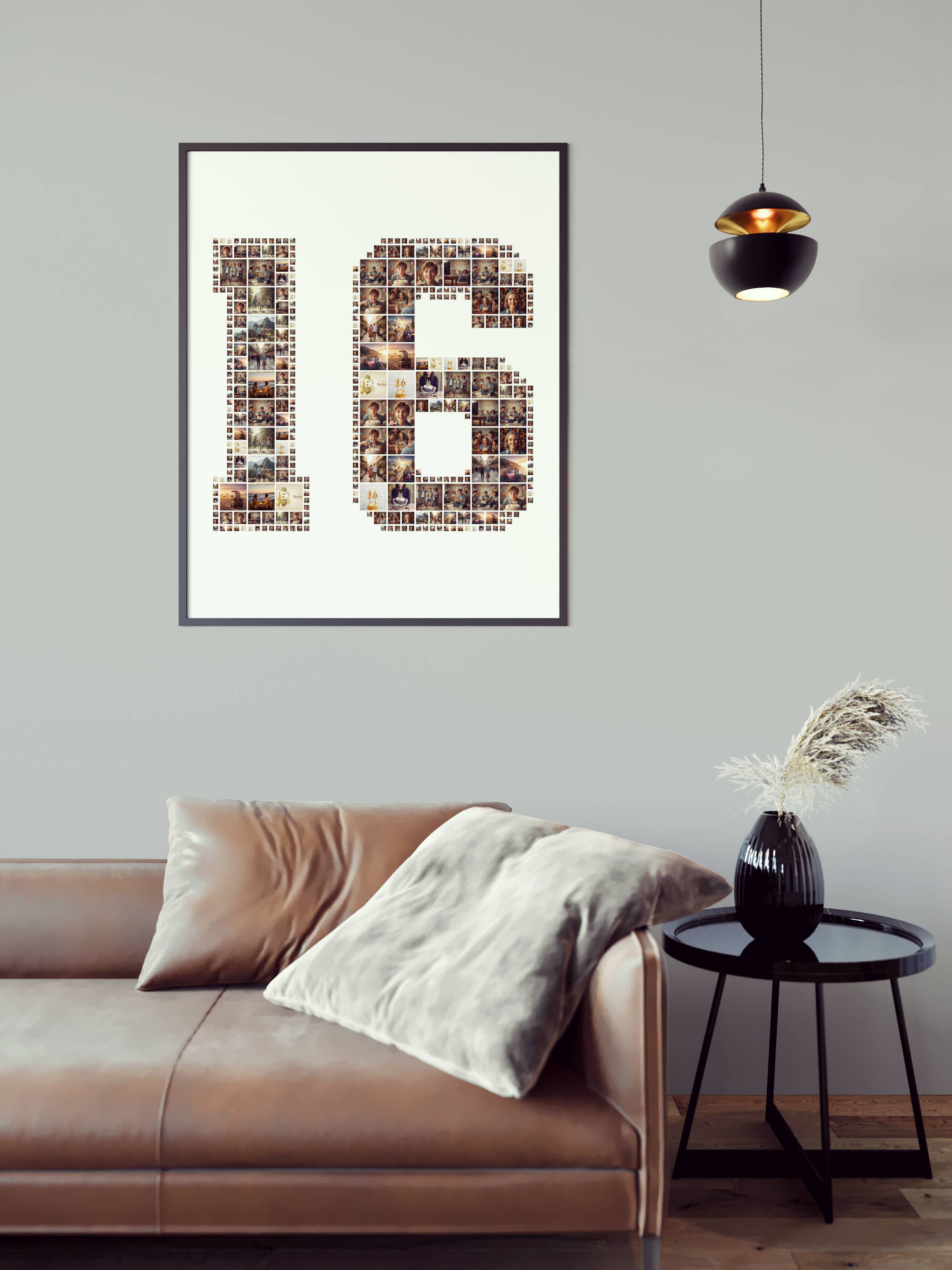 A number 16 photo collage framed as wall art in a modern living room, perfect for a Sweet Sixteen birthday.