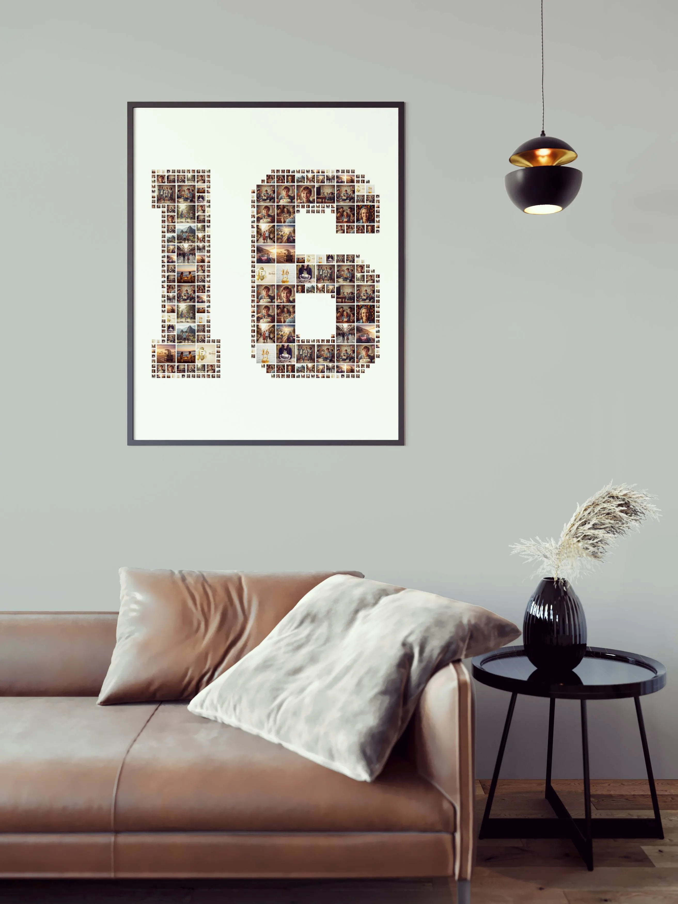 A number 16 photo collage framed as wall art in a modern living room, perfect for a Sweet Sixteen birthday.