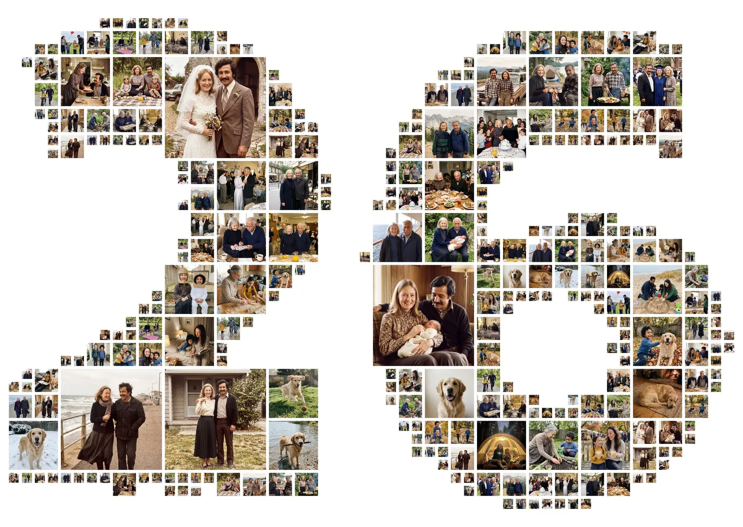 The number 26 as a photo collage filled with photos of two families, a wall art idea for a hallway