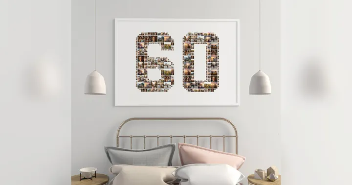 A framed number 60 photo collage hanging on a bedroom wall, serving as a personalized birthday gift.