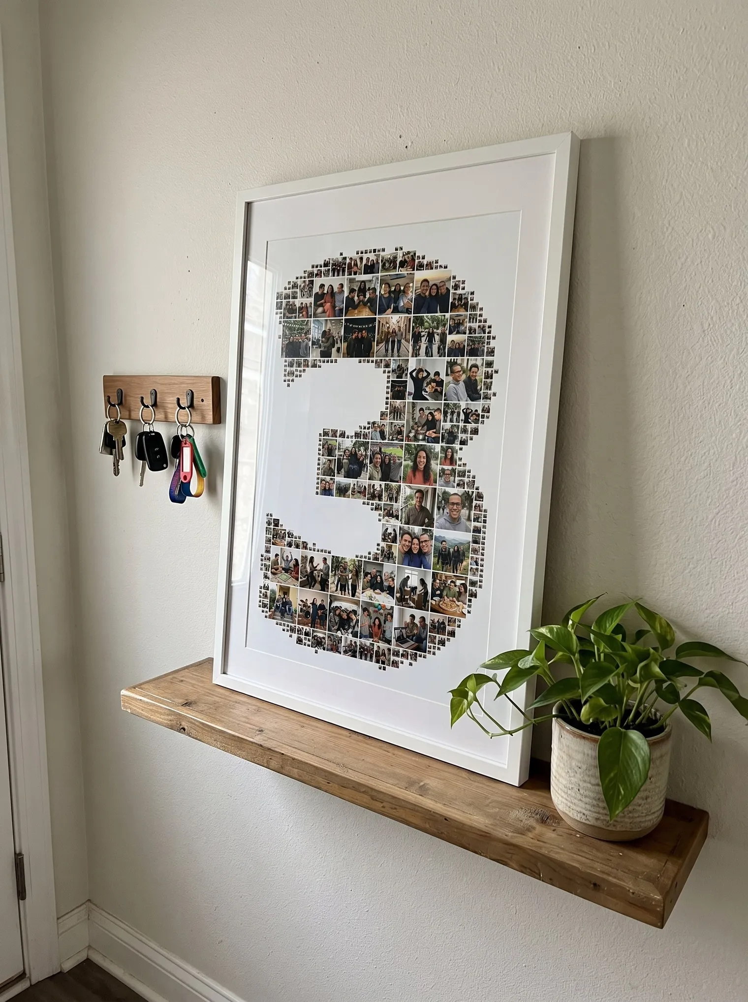 The number 3 collage in a white frame on a hallway shelf next to key hooks