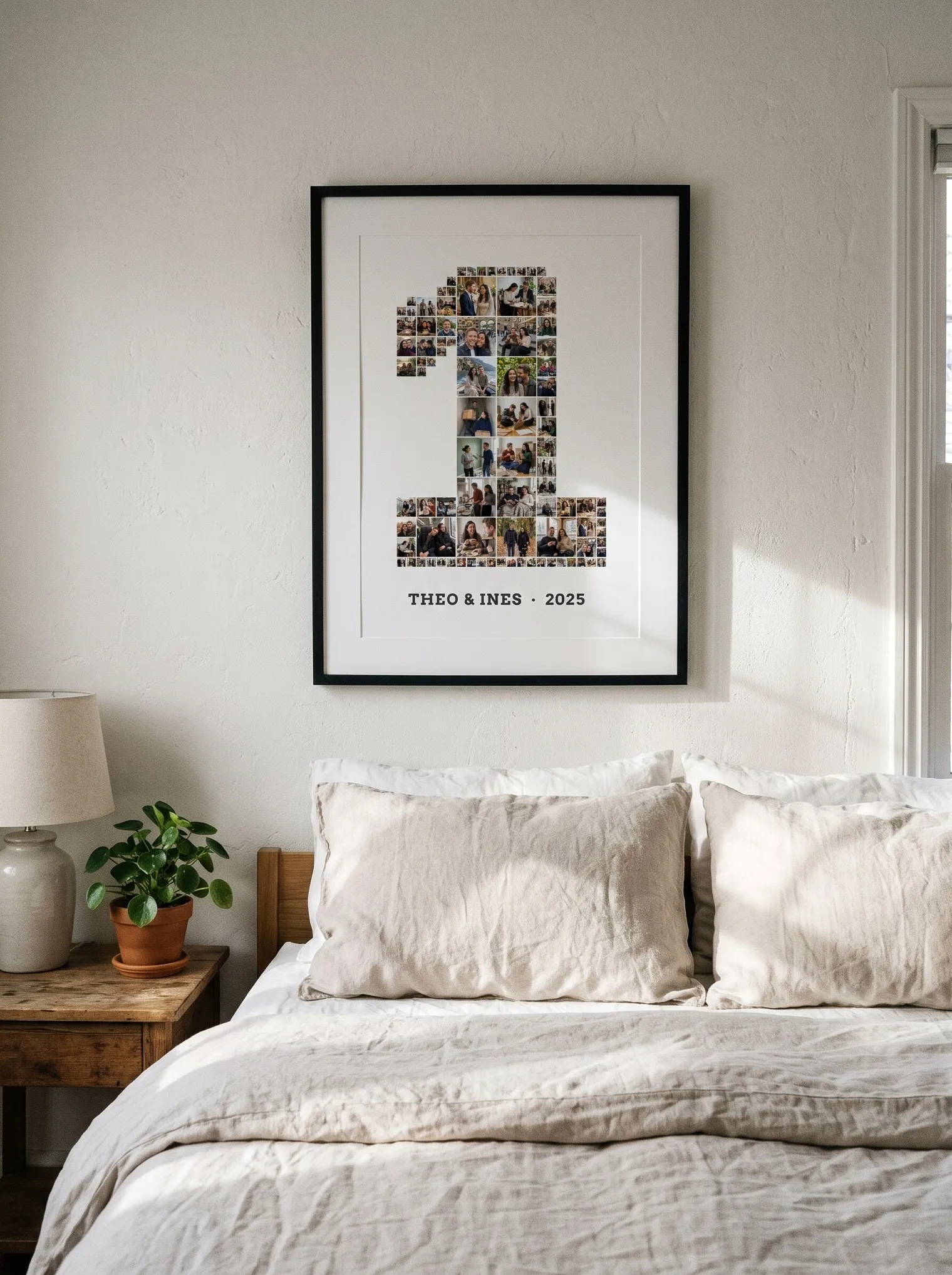 The number 1 photo collage in a black frame on the wall above a bed