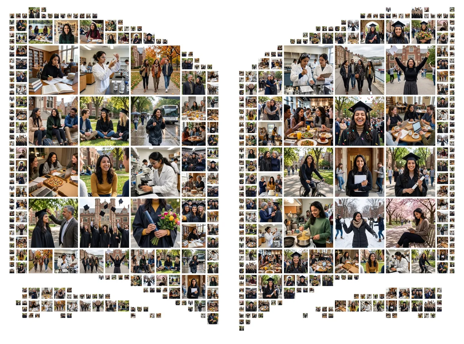 Open-book-shaped graduation photo collage made of photos of a graduate with friends and family