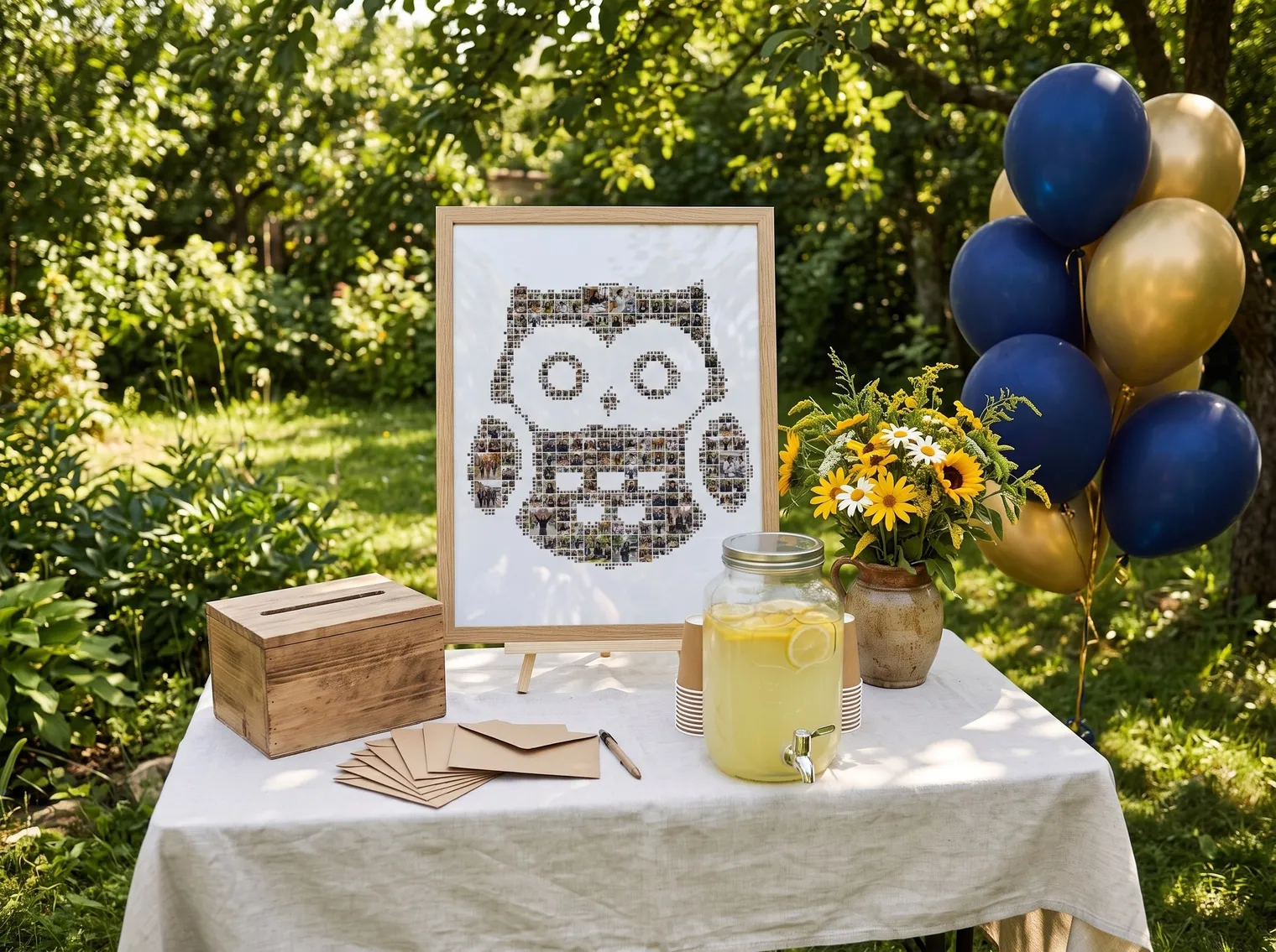 Owl-shaped graduation photo collage in an oak frame on a garden party card table with a card box, envelopes and lemonade