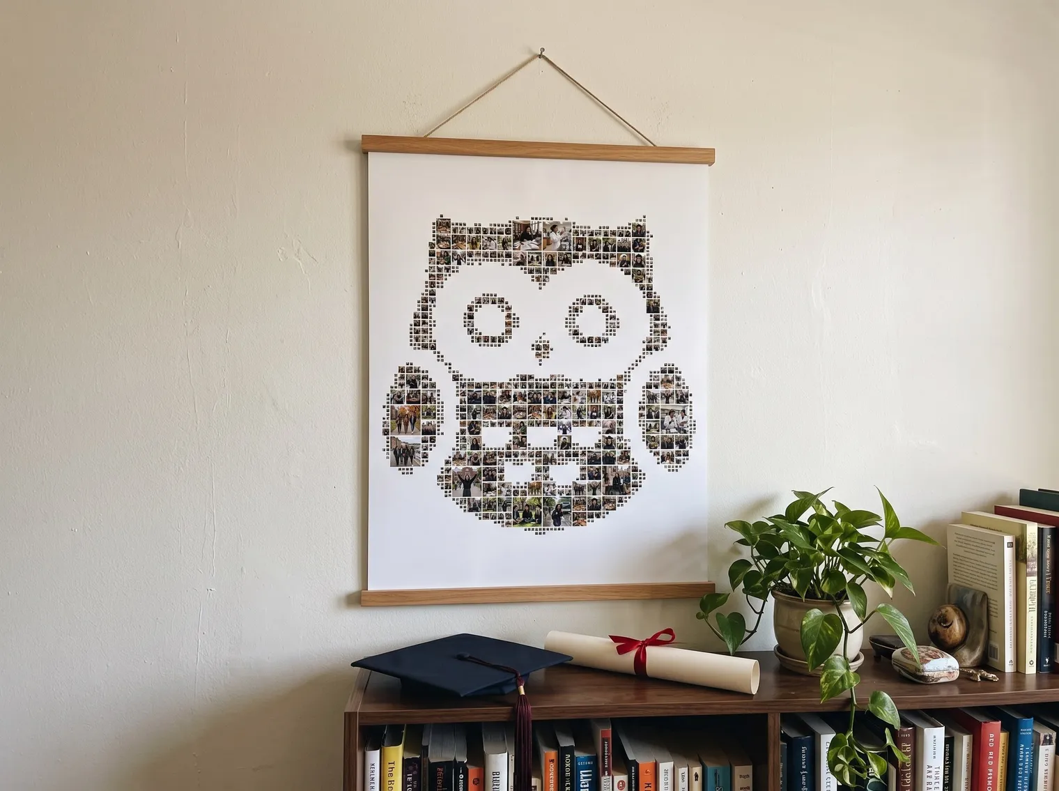 The owl photo collage as a poster in a wooden clip hanger above a bookshelf with a rolled diploma, a graduation cap and a plant