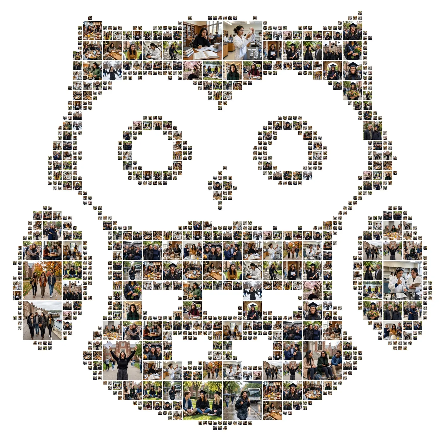Owl-shaped photo collage with round eyes cut out, made of photos of a graduate’s university years