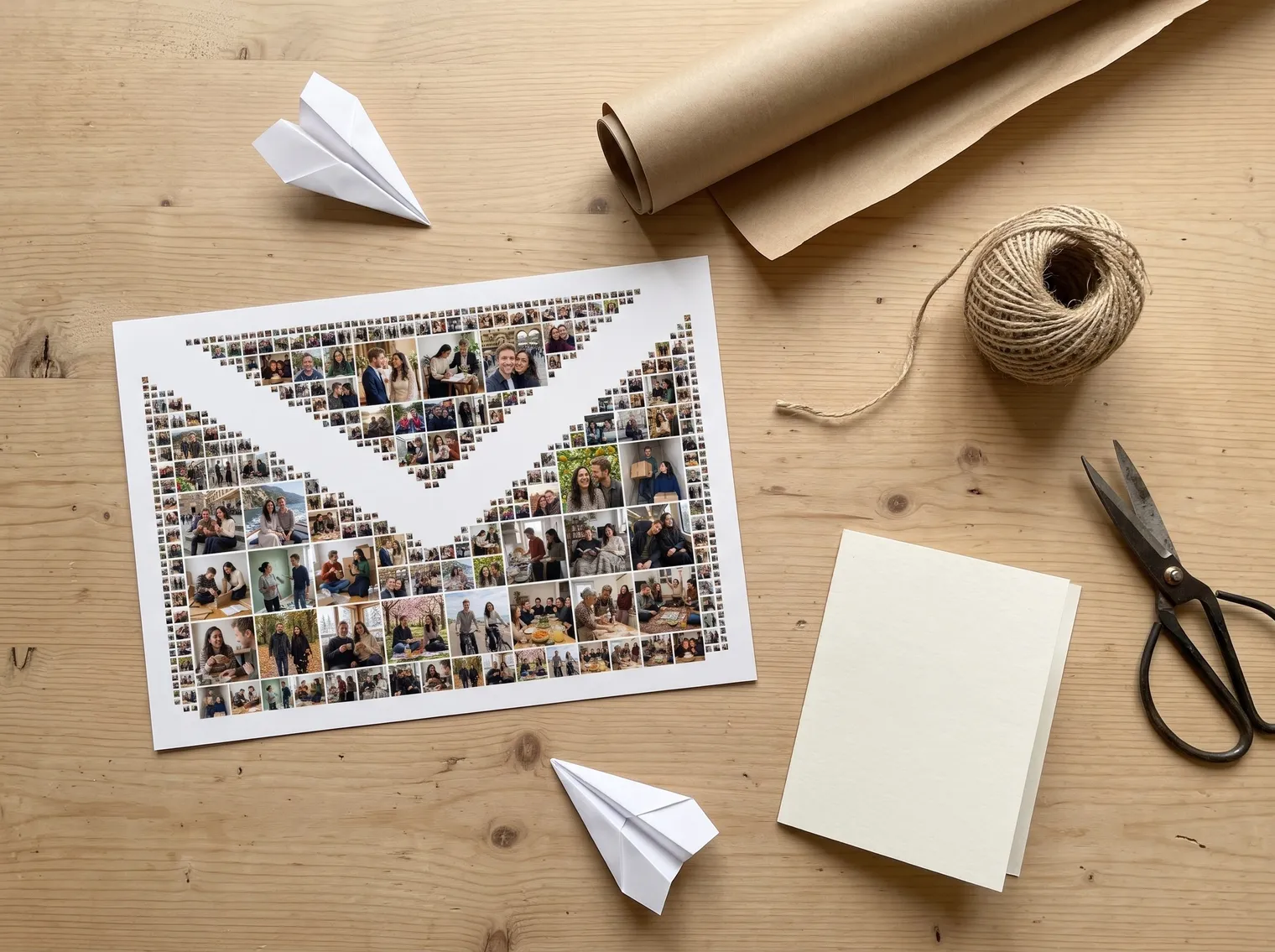 Flat lay of the envelope photo collage as an unframed print beside kraft paper, twine, scissors, a blank card and two paper planes