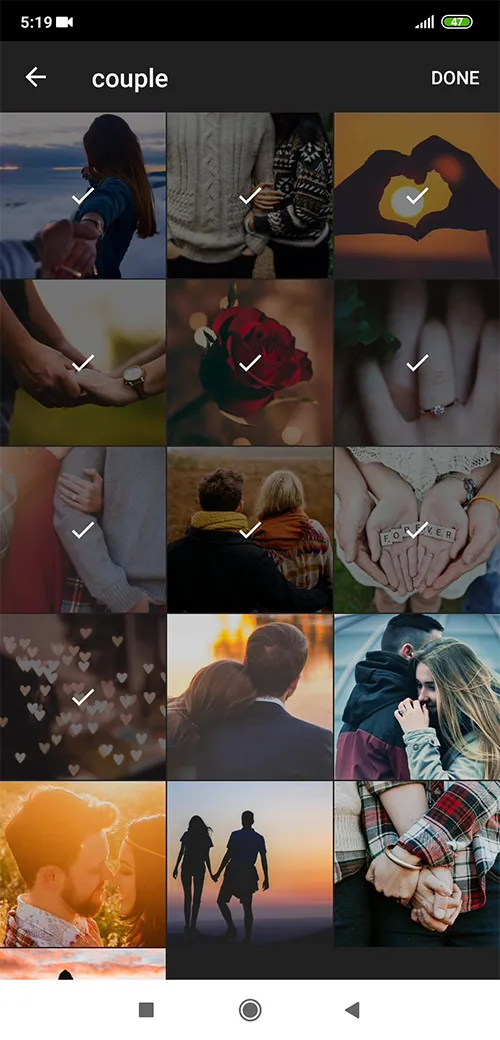 Selecting multiple wedding photos from a phone's gallery inside the Phinsh app.