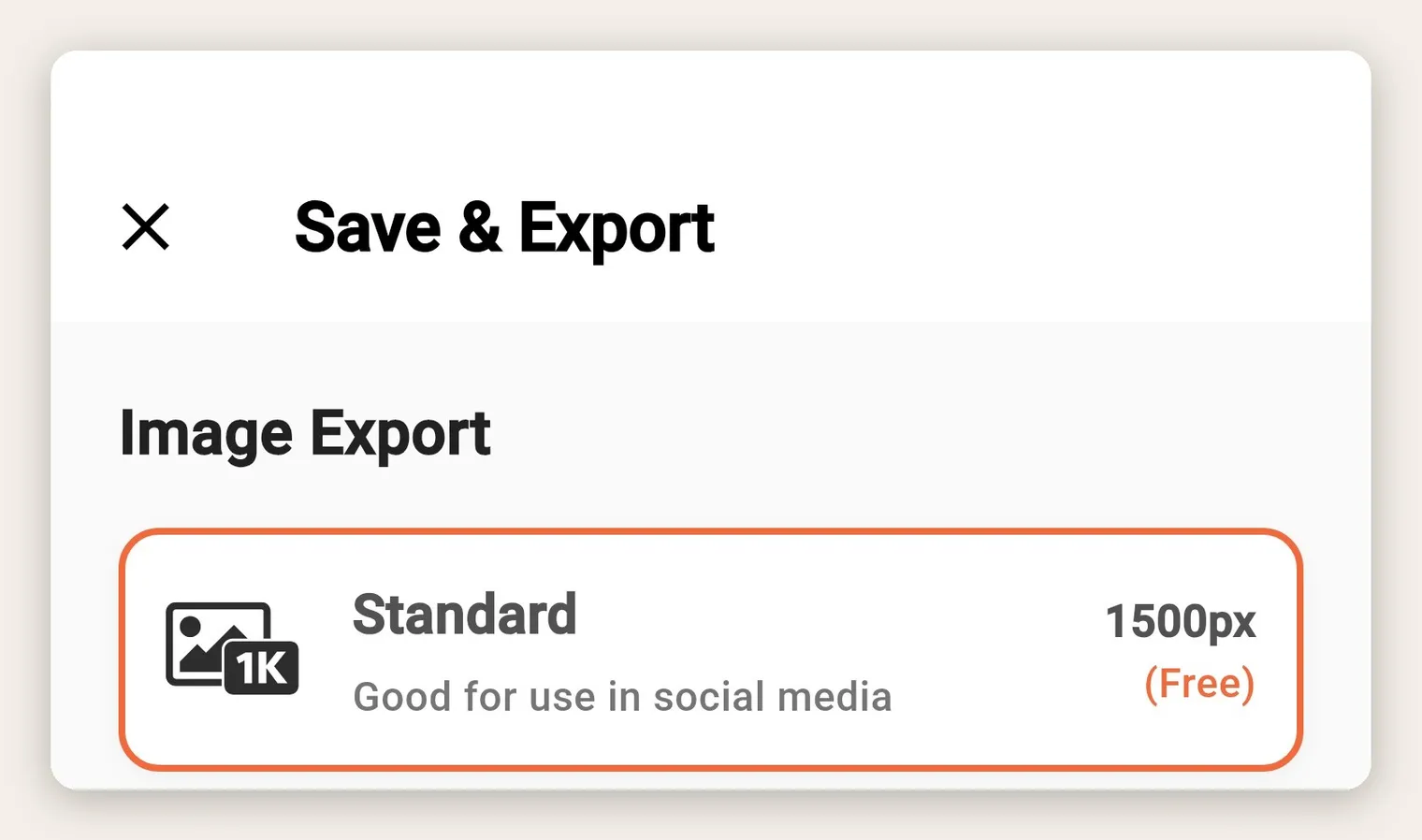 Phinsh Save and Export screen with the Standard 1500px image size selected