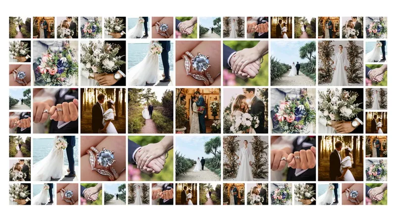 A large rectangular photo montage featuring dozens of happy moments from a wedding day.