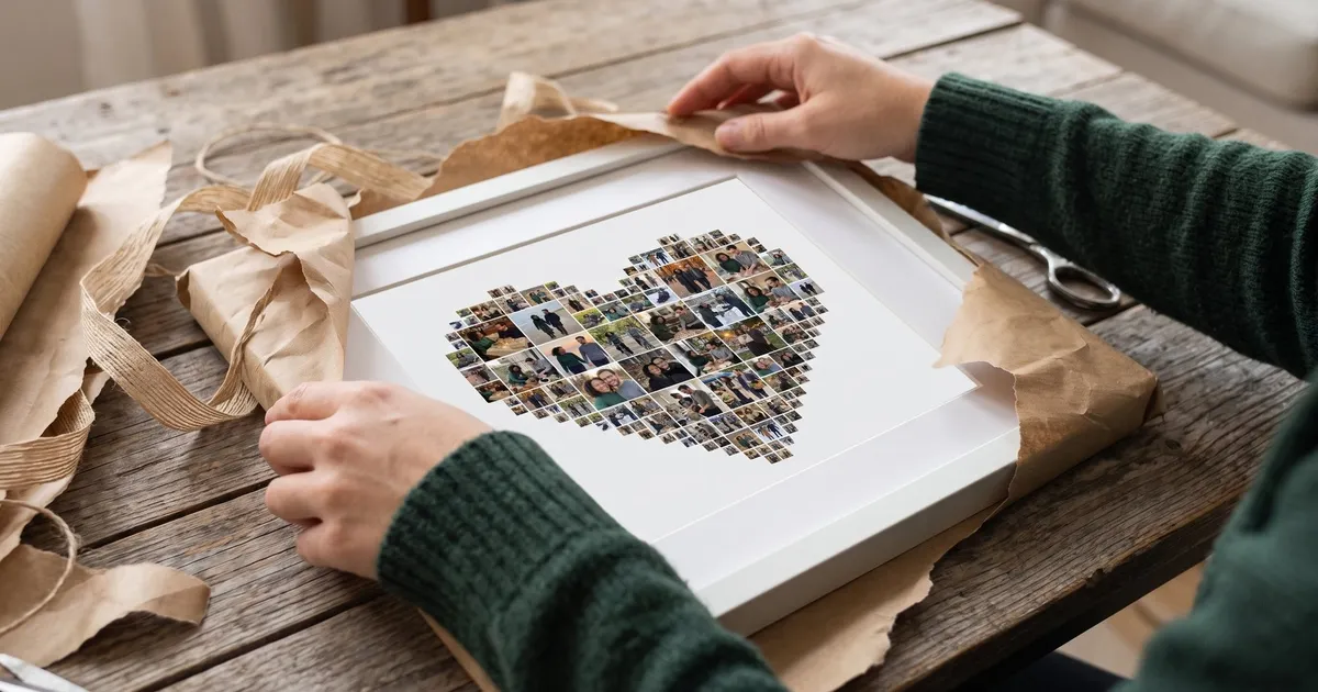 A framed heart photo collage being unwrapped as a gift