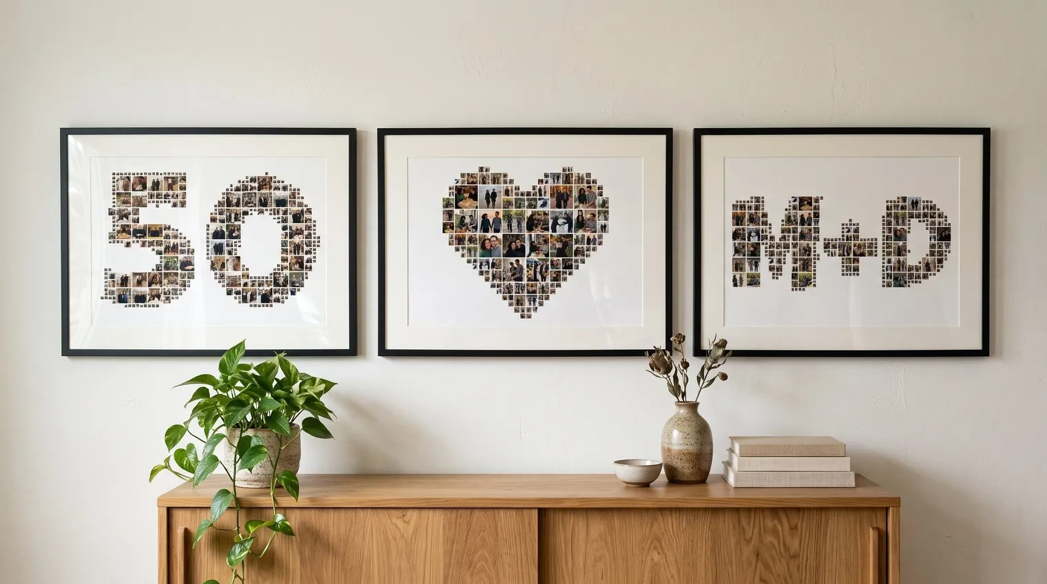 Gallery wall of three framed shape photo collages: a heart, a number 50 and initials, above a sideboard