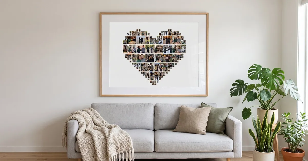 Heart-shaped photo collage framed with a wide white mat above a sofa in a bright living room