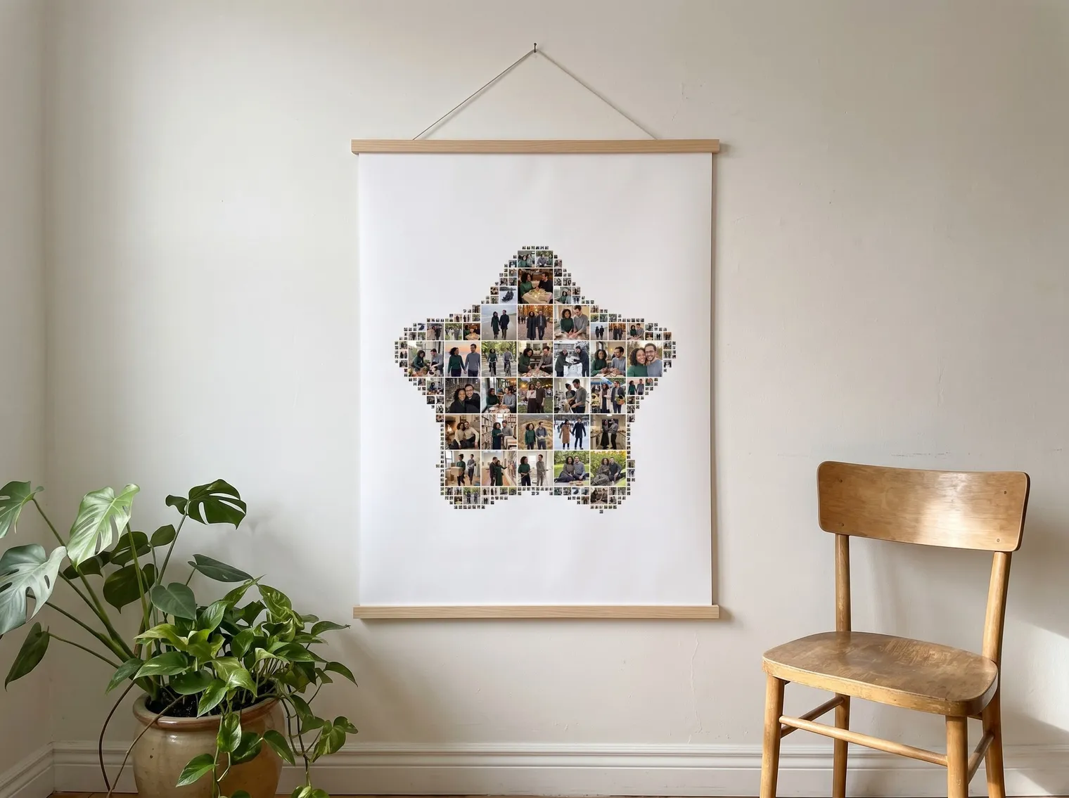 Star-shaped photo collage printed as a poster with a wide white border and hung from a wooden poster hanger on a wall, no frame