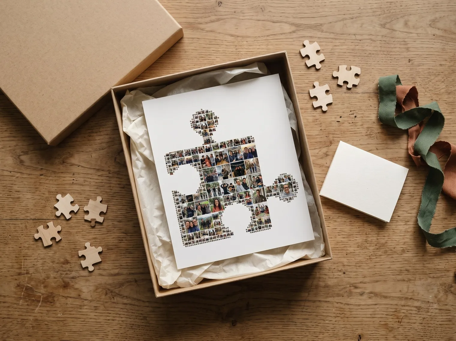 A puzzle piece collage print in a gift box with wooden jigsaw pieces and a blank card