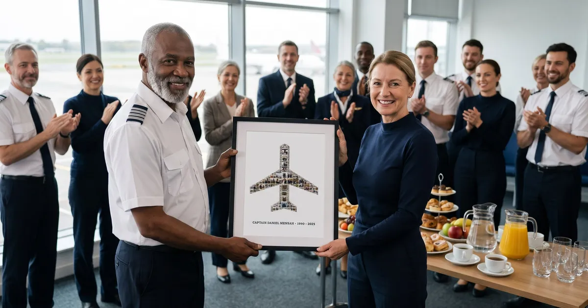 A grey-bearded pilot in a white uniform shirt receives an airplane-shaped photo collage in a slim black frame from a colleague in a navy uniform at a retirement party in a crew lounge, while other crew members applaud