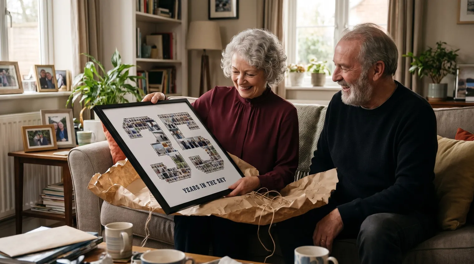 An older couple sit on a sofa and unwrap the framed 35 collage from kraft paper, both smiling