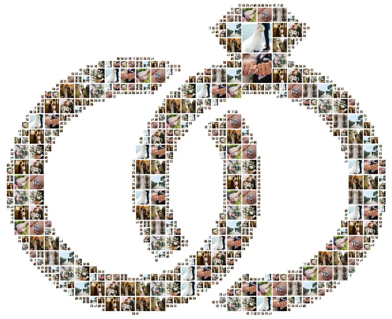 A unique wedding photo montage in the shape of two interlocking rings, symbolizing marriage.