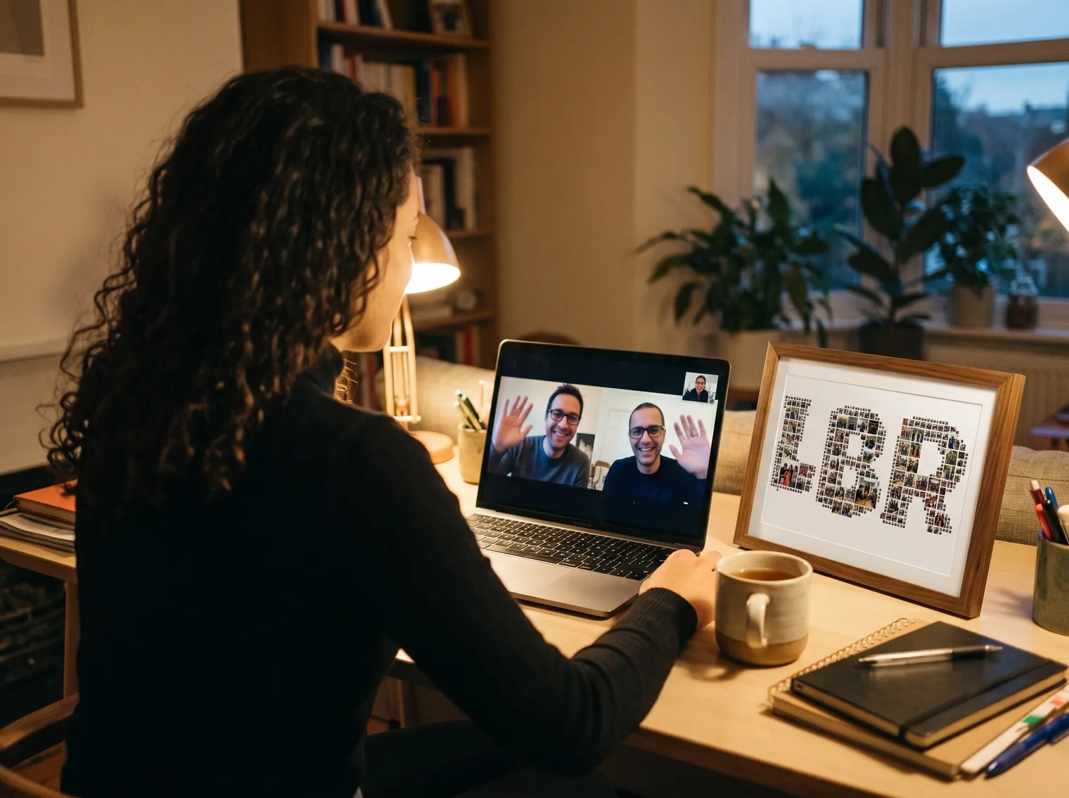 A woman seen from behind on a video call with her two brothers on a laptop, with the framed LBR collage on her desk